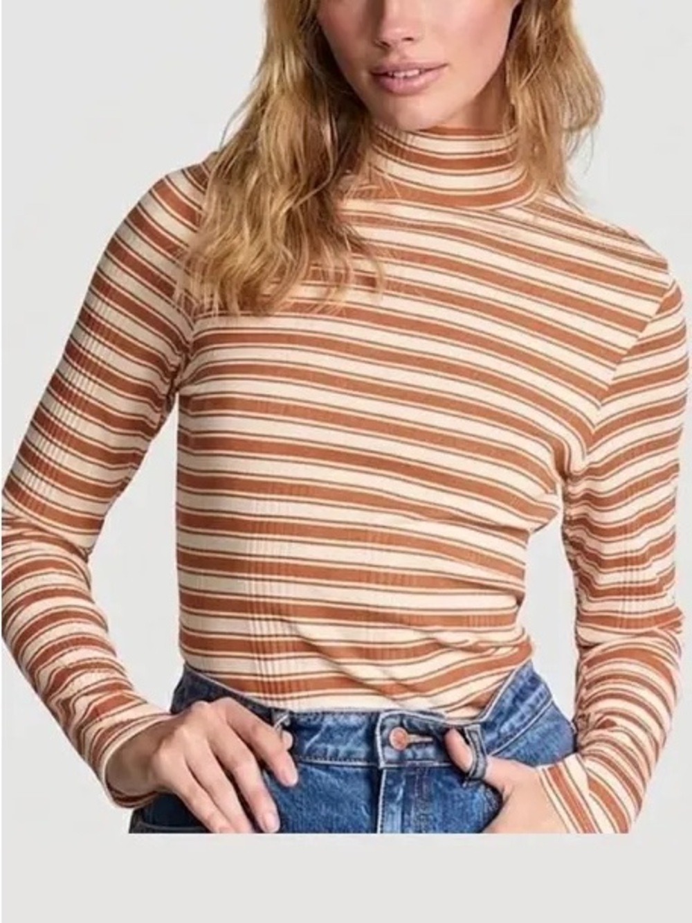 PINK Victoria’s Secret Toffee Stripe Multi Rib Mock-Neck Long-Sleeve Tee